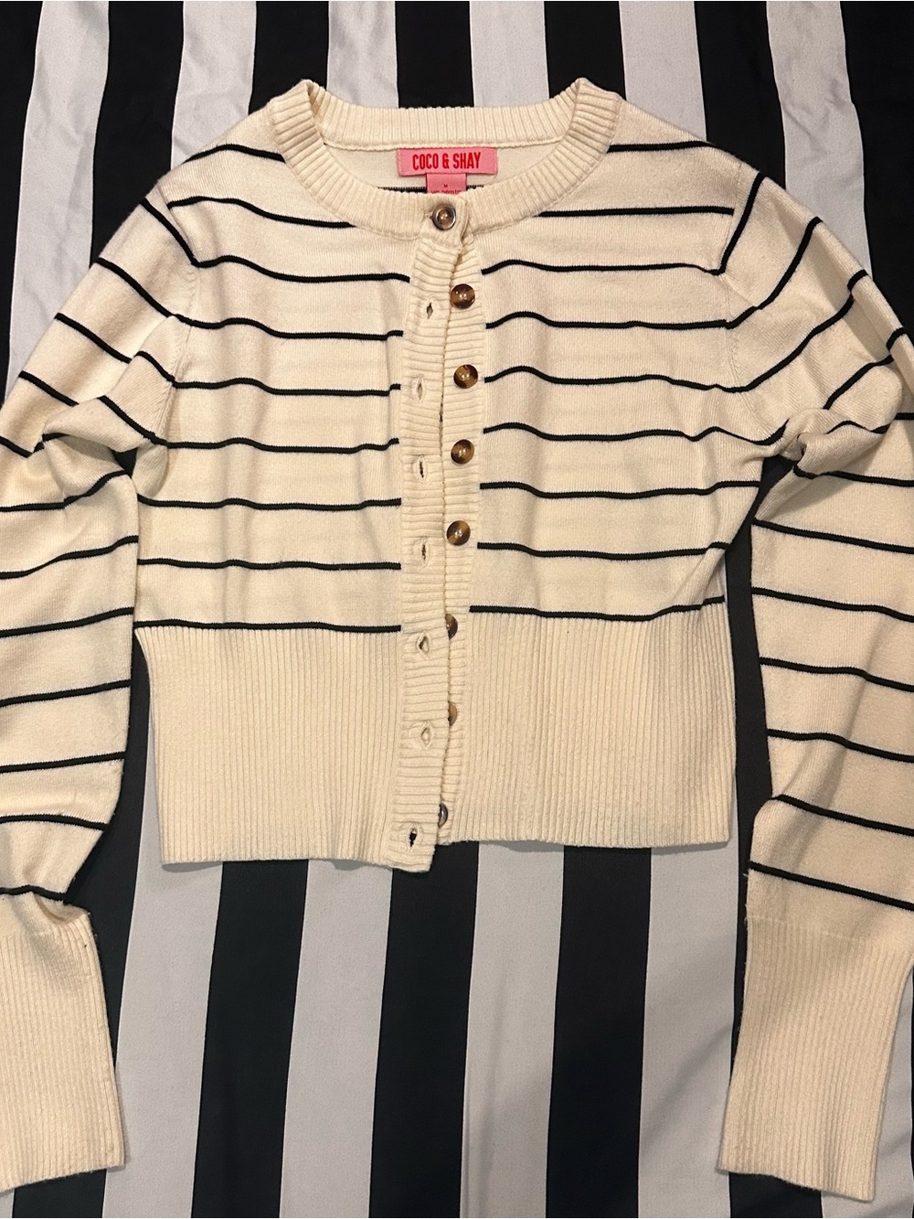 Cream and Black Striped Button-Front Cropped Cardigan